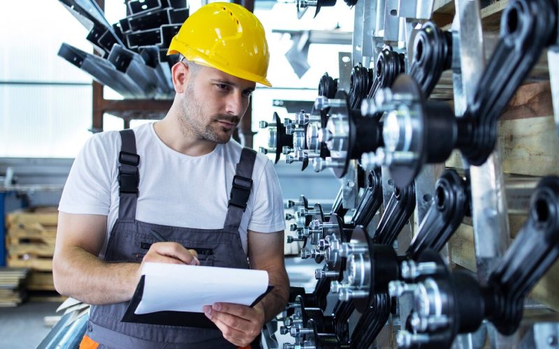 Industrial employee wearing uniform and yellow hardhat checking production in factory